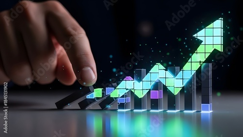 Hand pushing dominoes leading to an upward trending glowing graph illustration