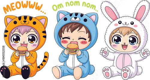 Cute anime baby characters wearing animal onesies tiger cat and rabbit costumes eating burgers and smiling in kawaii chibi vector illustration style set