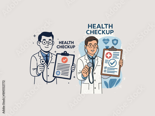 Health checkup vector with doctor holding stethoscope and medical