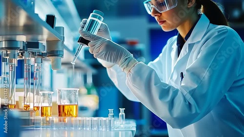 Scientist conducting experiments in a lab with liquids