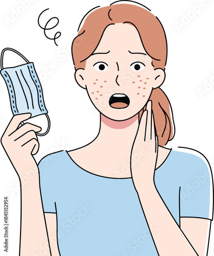 Worried Young Woman with Acne Skin Problems Holding Medical Face Mask, Skincare Dermatologist Concept Vector Illustration of Girl with Pimples and Redness on Face.