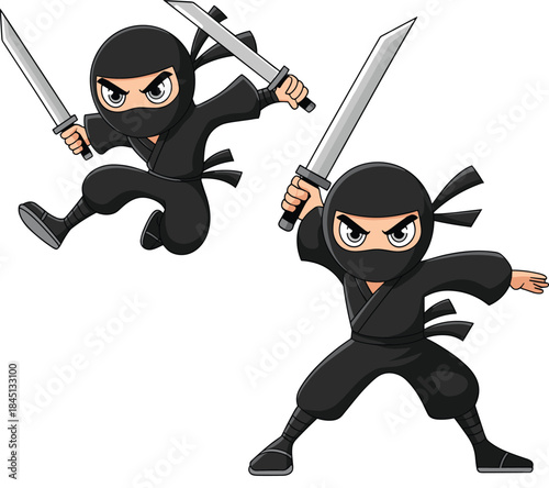 Cartoon Ninja Warrior Characters in Action Poses Holding Katana Swords, Japanese Shinobi Assassin Vector Illustration Set for Gaming, Martial Arts Mascot, and Kid Graphic Design