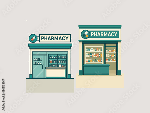 Pharmacy storefront with pill sign, counter and medicine shelves