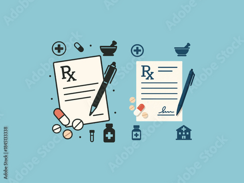 Medical prescription paper with pen, pills and pharmacy icons, flat design