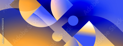Abstract composition featuring overlapping shapes, gradients. Blue, orange hues dominate design. Modern, dynamic visual elements present.