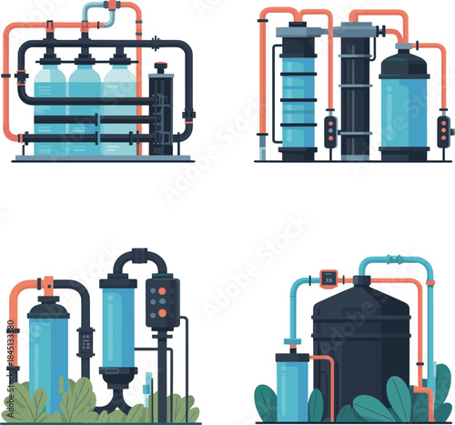 Set of minimalist water filtration system illustrations showing pipes, tanks, filters, and industrial purification technology in flat design