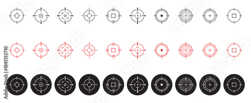 Target and aim icon set, crosshair, bullseyes, aiming marks, and shooting symbols vector design. target icons, crosshairs for shooting range, sniper, and hunting themes, digital art, and UI projects