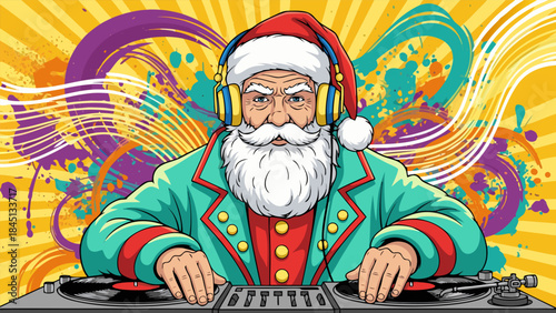 Santa Claus wearing headphones and a festive jacket, DJing with turntables and a mixer, with colorful abstract swirls in the background.