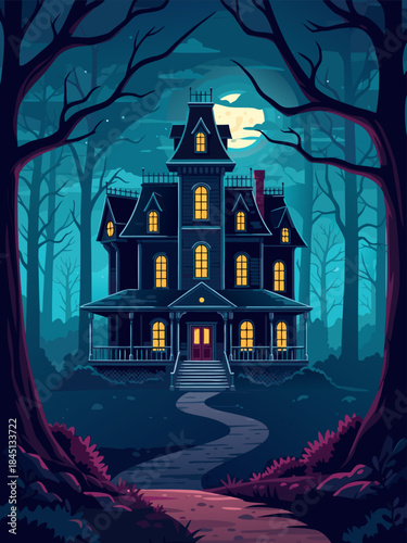 A spooky, dimly lit Victorian mansion stands ominously in a dark, moonlit forest with bare trees.
