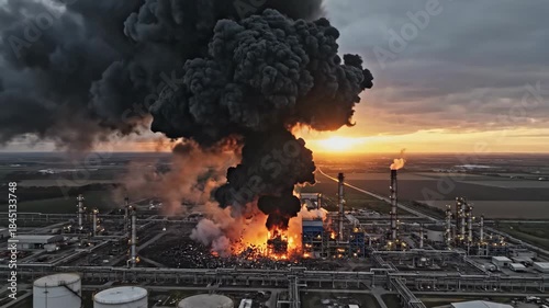 Aerial drone view of massive explosion at industrial refinery. Fireball and thick black smoke erupting from facility. Sunset disaster scene for emergency response and safety concepts.