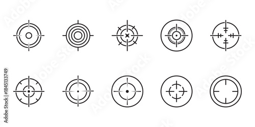 Red Target icons. Focus symbol in circle. Isolated gun shoot aim set. Bullseye vision collection. Round aiming focus. Gun sight crosshairs. Vector crosshair set.