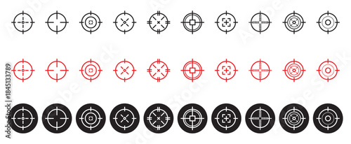 Target and aim icon set, crosshair, bullseyes, aiming marks, and shooting symbols vector design. target icons, crosshairs for shooting range, sniper, and hunting themes, digital art, and UI projects