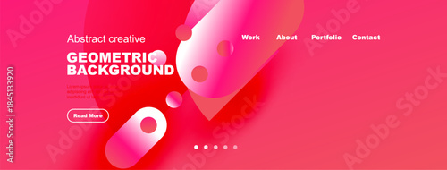 Bright pink gradient background. Geometric shapes, text elements, navigation menu present. Modern design for website header or banner.