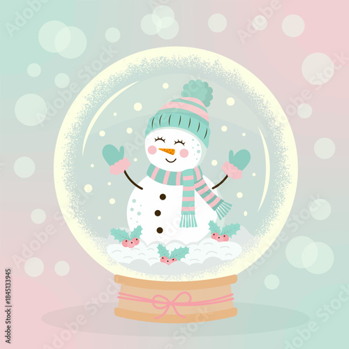 Cute Snowman girl in a snow globe. Pastel colors, cozy winter holiday vector illustration for greeting cards
