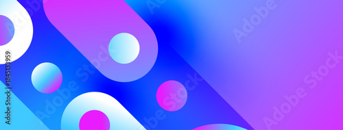 Abstract vibrant shapes, gradients, purple, blue hues create modern digital background. Smooth transitions, circular elements dominate composition.