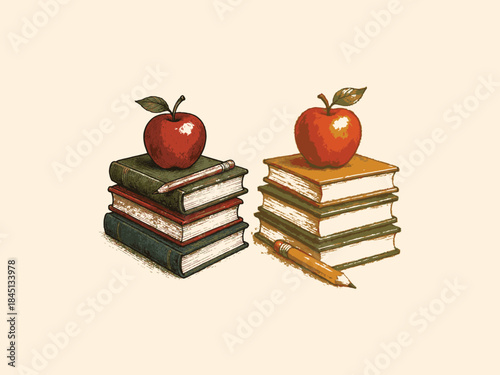 Book stack with apple and pencil, classic school education illustration