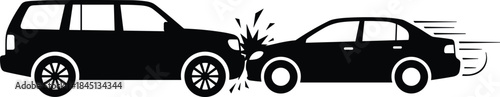 Rear-end car accident silhouette, collision between two vehicles, traffic crash, auto insurance, black isolated vector illustration.