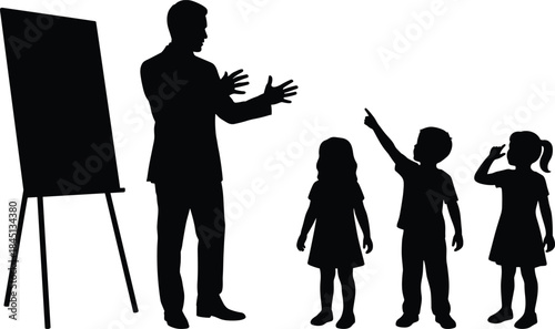 Teacher or businessman explaining lesson to young children silhouette, adult instructing kids, education, presentation, training, isolated vector.