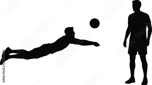 Volleyball players silhouette, athlete diving to save the ball, professional sport competition, action, isolated vector illustration.