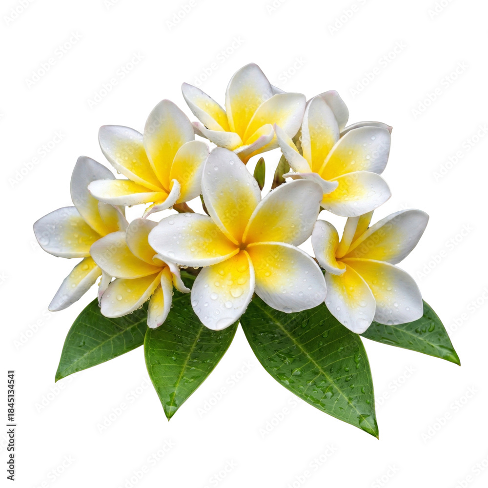 Obraz premium Fresh Frangipani Plumeria flowers with water droplets isolated photo