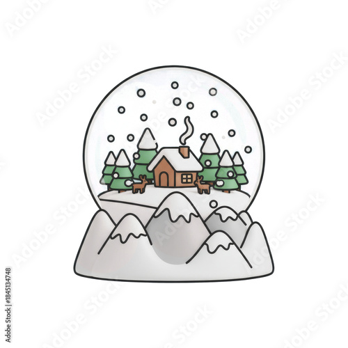 Digital cartoon drawing of a snow globe with a small, cozy cabin, surrounded by snow-covered trees and mountains