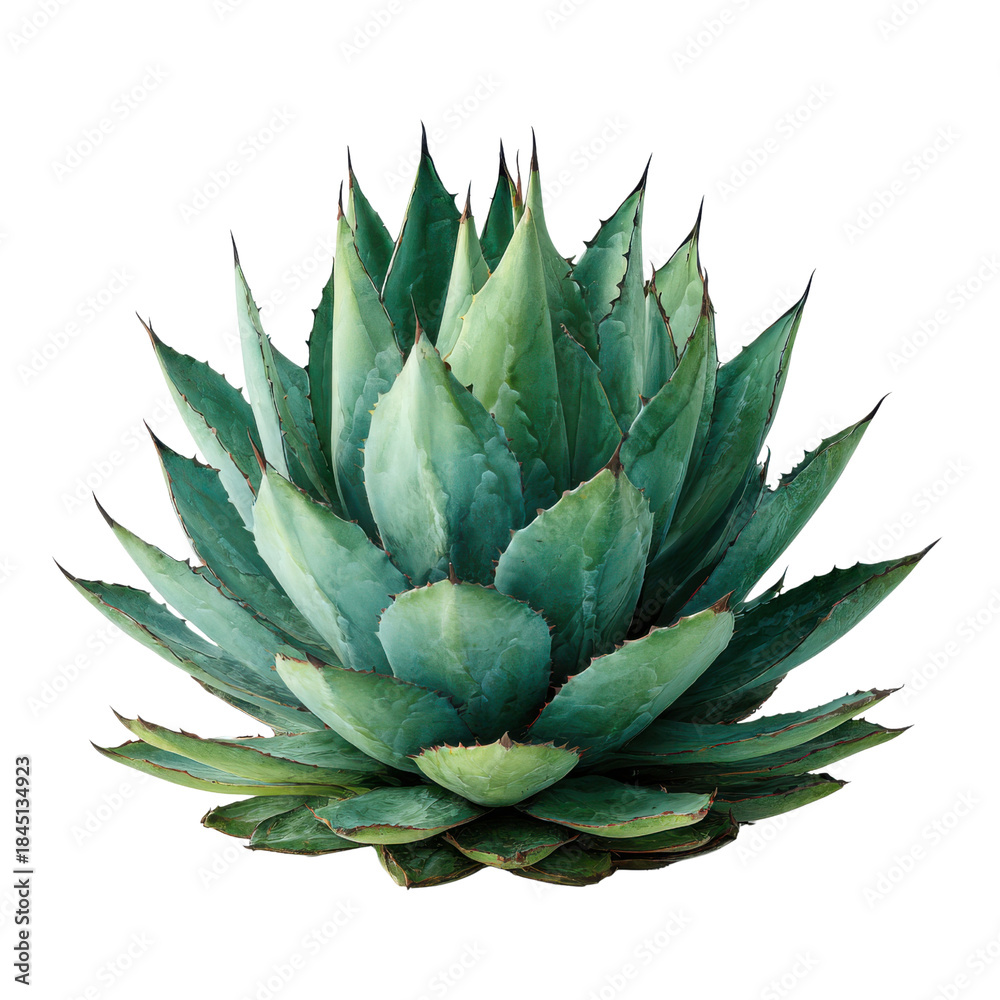 Fototapeta premium Close up of a green agave plant with sharp pointed leaves on black background succulent, Cut Out, Isolated On White Background, Png Transparent