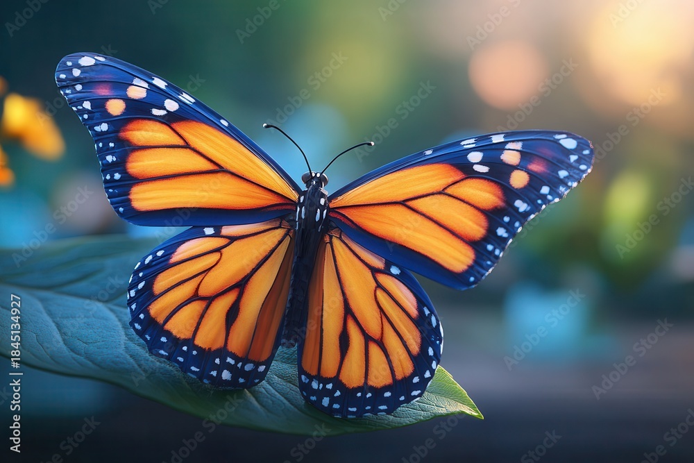 Fototapeta premium Vibrant monarch butterfly perched on leaf in garden with colorful wings spread