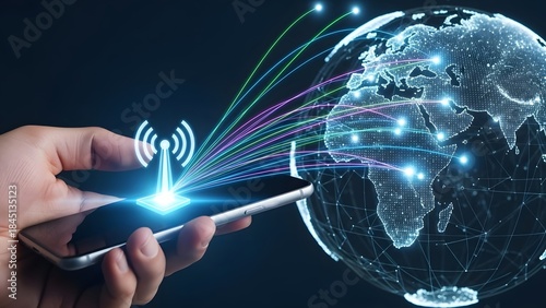Global communication network hand holding smartphone with connection to digital earth
