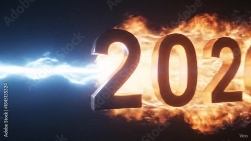 Bold 3d rendering of the year 2026 speeding forward with fiery energy and bright blue light trails