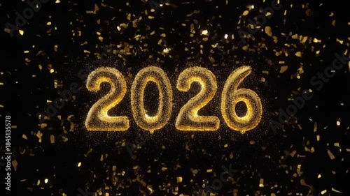 Golden 2026 year celebration balloons explode with sparkling confetti against a dramatic black background for parties
