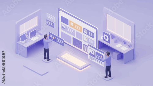 Two people interacting with futuristic digital interfaces and screens.