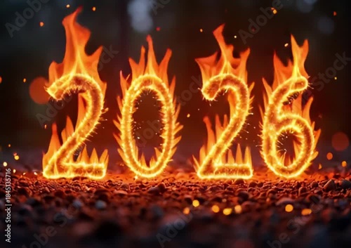 Fiery glowing numbers representing the year 2026 burn brightly on dark textured ground with sparks flying