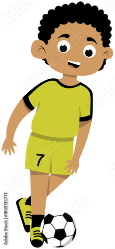Curly Haired Brown Skinned Boy Practicing Inside Foot Pass Step 1, Soccer Illustration. Editable Color Vector