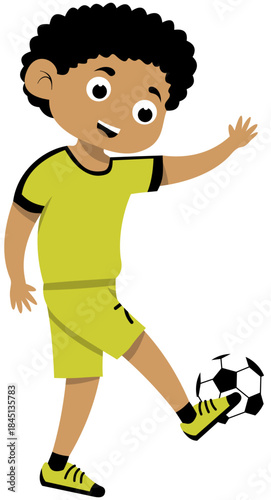 Curly Haired Brown Skinned Boy Practicing Inside Foot Pass Step 4, Soccer Illustration. Editable Color Vector