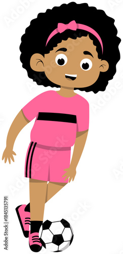Curly haired brown skinned girl practicing inside foot pass step 1, soccer illustration. Editable Color Vector