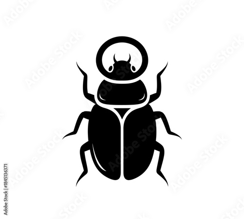 A striking black and white illustration of a scarab beetle showcasing its distinct form