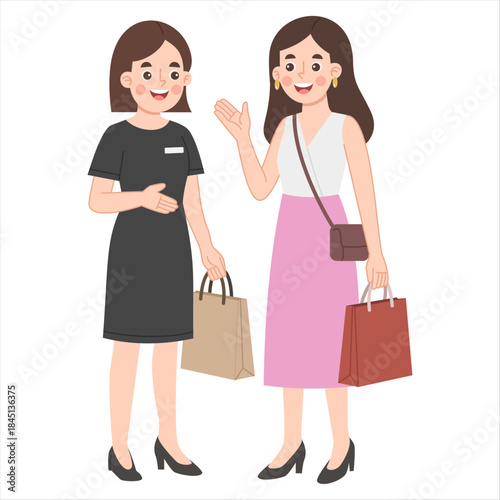 Illustration of a woman talking to a female salesperson