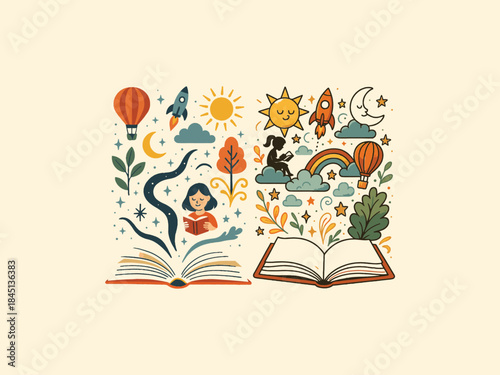 Reading habit concept with open book and imagination elements