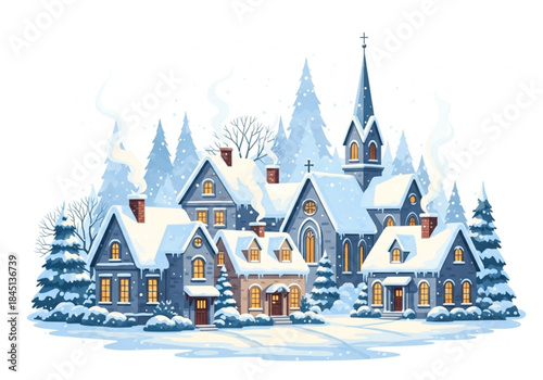 Winter Village Scene with Snow-Covered Houses and Church.