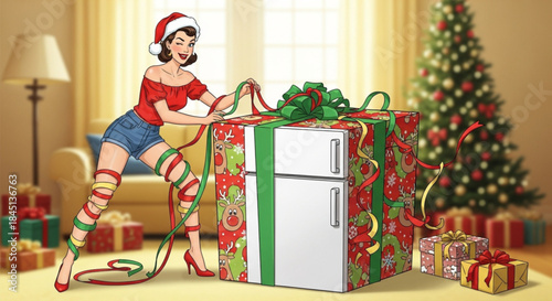 Festive Woman Decorating Refrigerator as Christmas Gift.