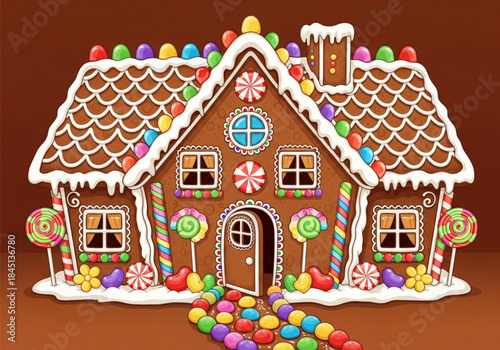 Whimsical Gingerbread House with Candy Decorations and Colorful Pathway.