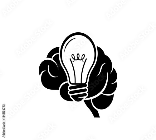 A black and white depiction of a lightbulb forming within the shape of a human brain