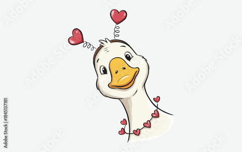 A cute cartoon goose or duck character with heart antennae and a heart necklace