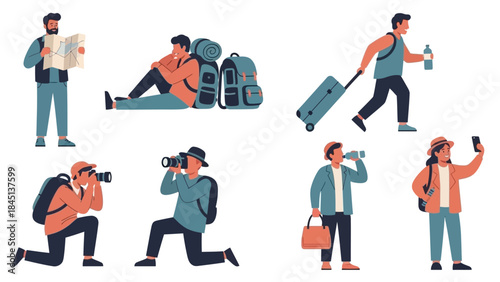 Set of flat design vector illustrations depicting people engaged in diverse travel and tourism activities, including exploring, taking photos, and navigating new destinations