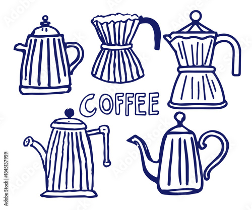 Coffee Pots Doodle Hand Drawn Style Vector Illustration Set. Sketch Ink Tea and Coffee Drinks Elements. Simple Hand Drawn Collection for Menus Design, Poster, Kitchen, Invitation