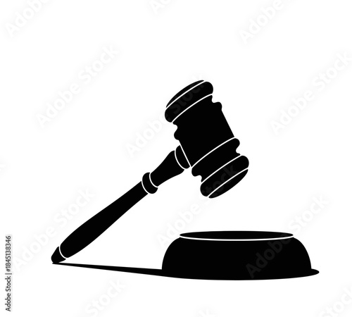 A black silhouette of a gavel resting on a sound block symbolizing justice and law