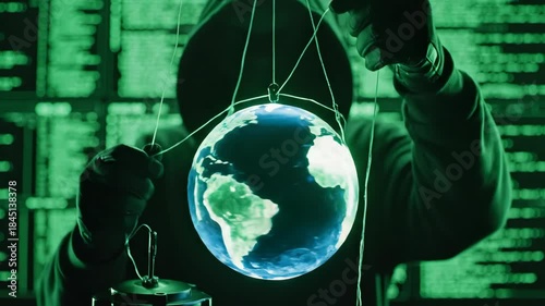 Hooded man as puppet master controls glowing earth globe with strings. Mysterious figure manipulates world from green code screens. Cybersecurity threat and global digital domination concept.