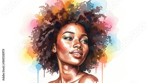 Vibrant portrait of a smiling young african american woman with curly hair and colorful watercolor background