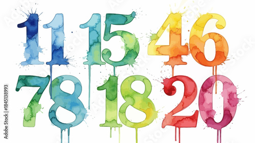 Vibrant rainbow watercolor numbers on white background for design