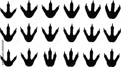 Black Silhouette Bird Footprints Set, Dinosaur or Reptile Tracks, Turkey Paw Marks, Animal Foot Signs, Vector Graphic Design Element Collection